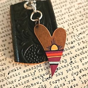 Vintage black tooled leather keyring copper heart charm ooak aromatherapy boho